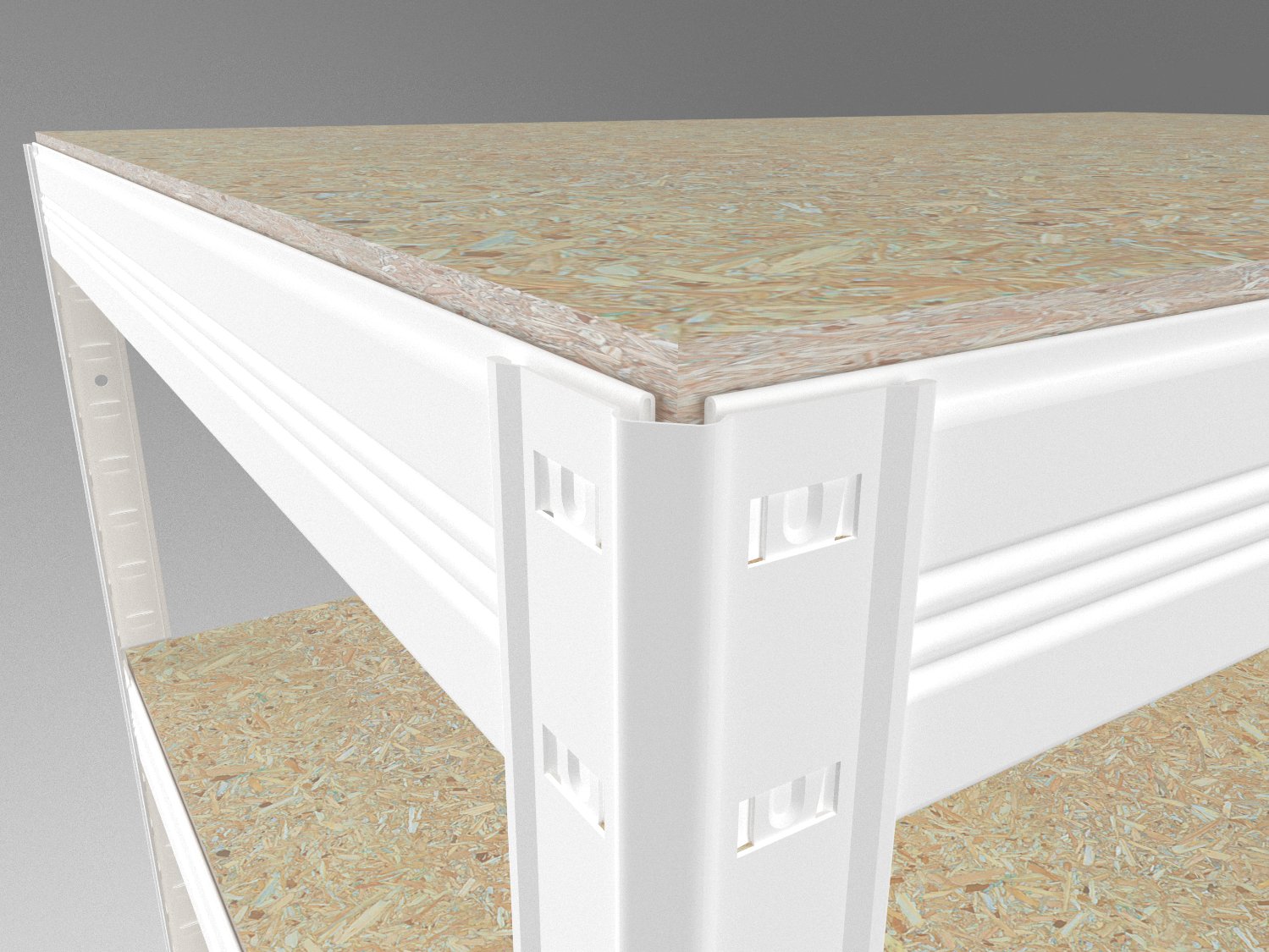 Detail kovového regálu s OSB doskami konštrukčný